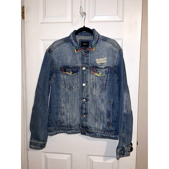 NWT FOREVER 21 Mens Rainbow Trim Distressed Denim Jean Jacket Size Small - Picture 1 of 11